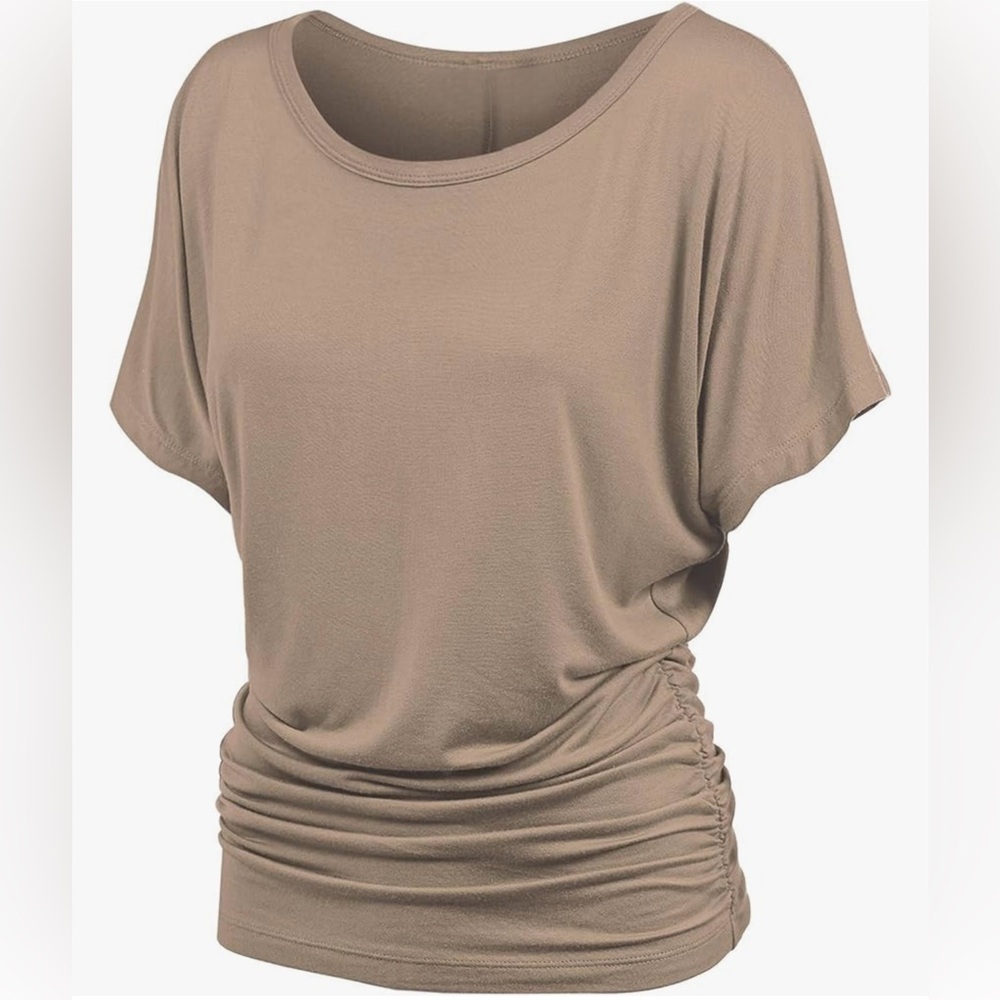 Casual Solid Short Sleeve Boat Neck Dolman Top with Side Shirring -taupe